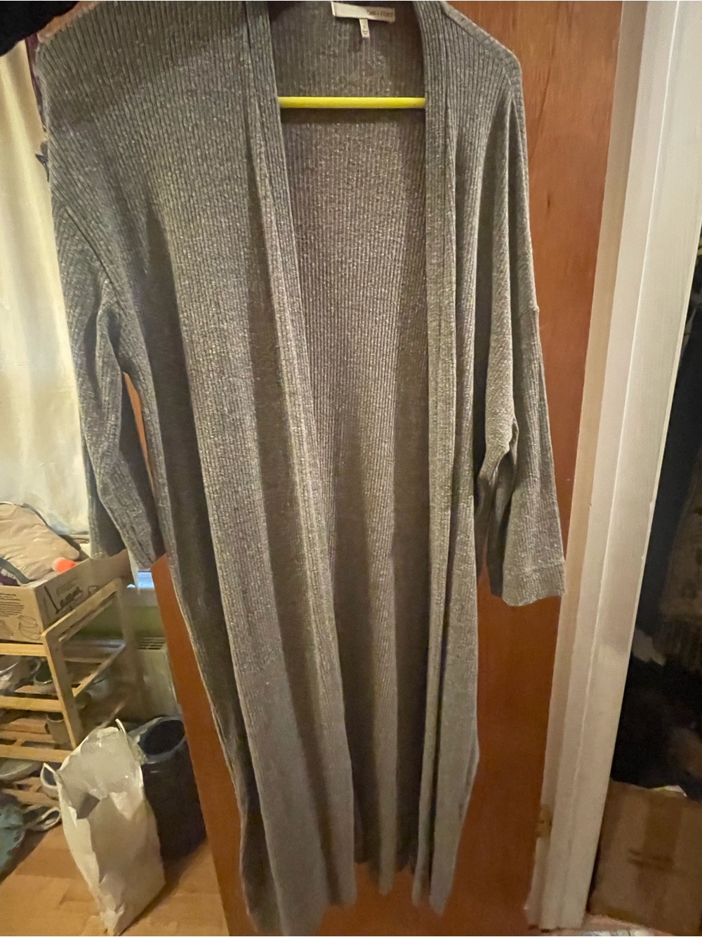 OAK + FORT Long Open-Front Ribbed Cardigan in Light Gray